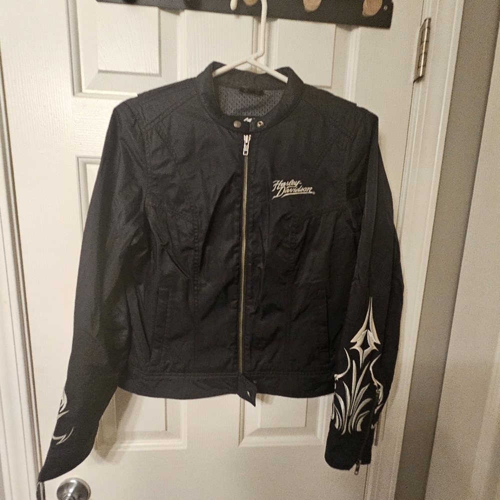 Harley Davidson Womens Moto Nylon Cropped Embroidered Flames Riding Jacket